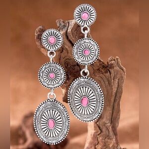 Western Earrings Silver-Tone Pink Turquoise Earrings Concho Earrings Cowgirl